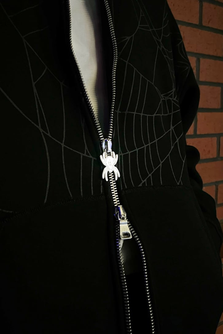 Rv Spider World Baskılı Siyah Zipper Hoodie