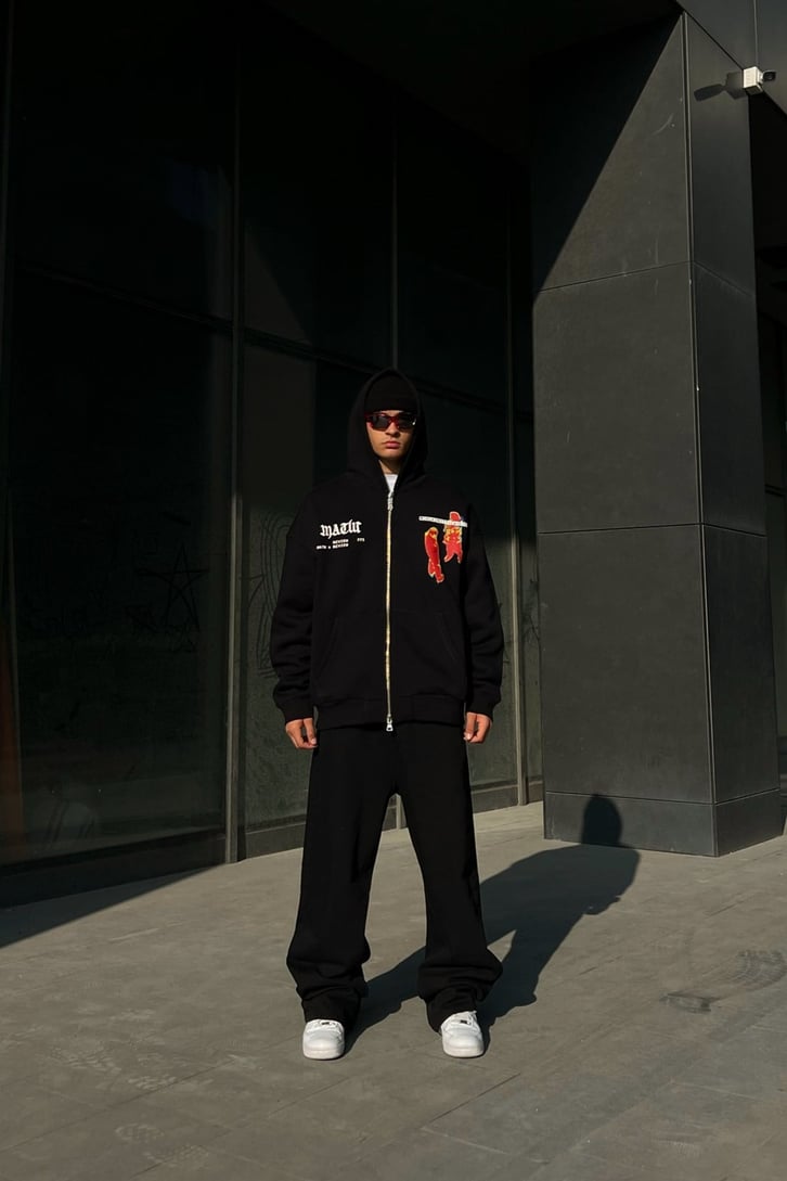 Rv Thermal Human Zipper Siyah Oversize Hoodie