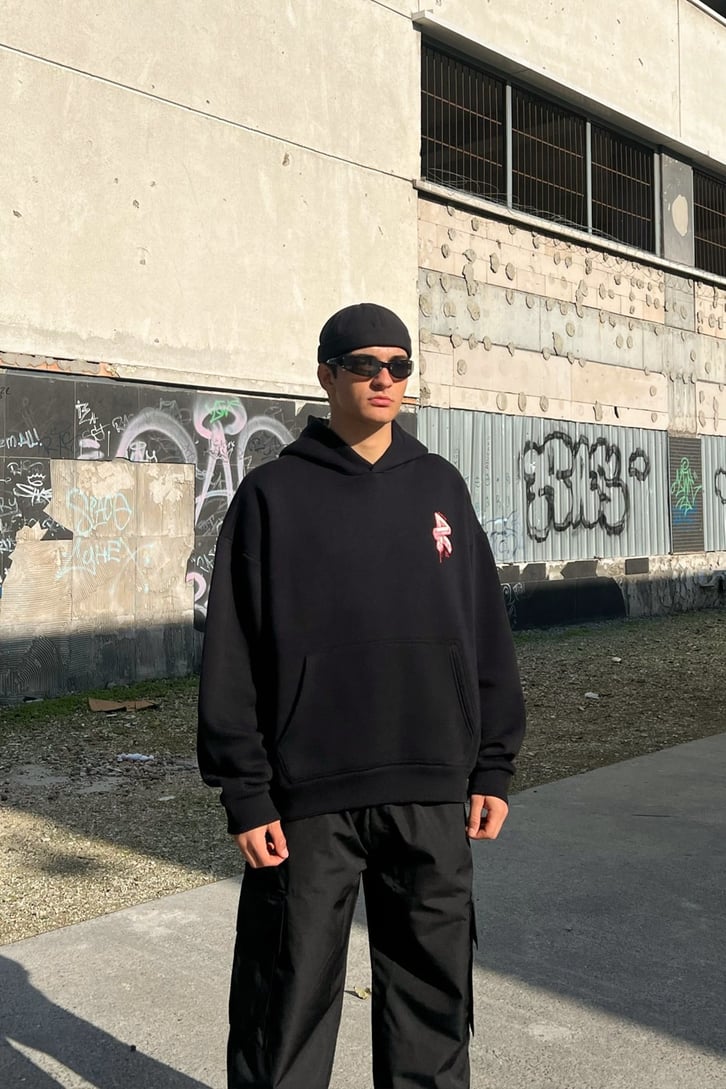 Rv'92 Baskılı Siyah Oversize Hoodie