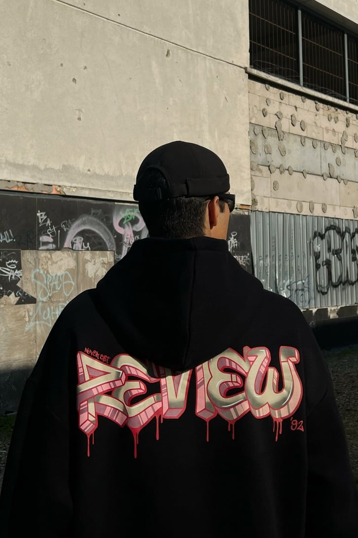 Rv'92 Baskılı Siyah Oversize Hoodie