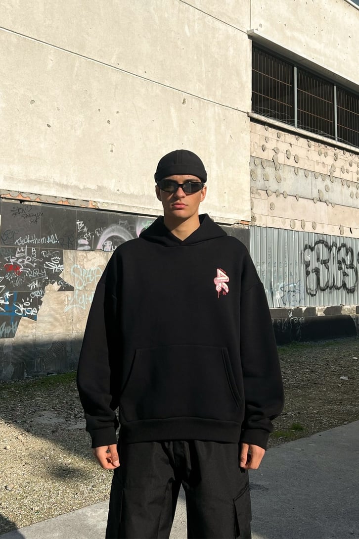 Rv'92 Baskılı Siyah Oversize Hoodie