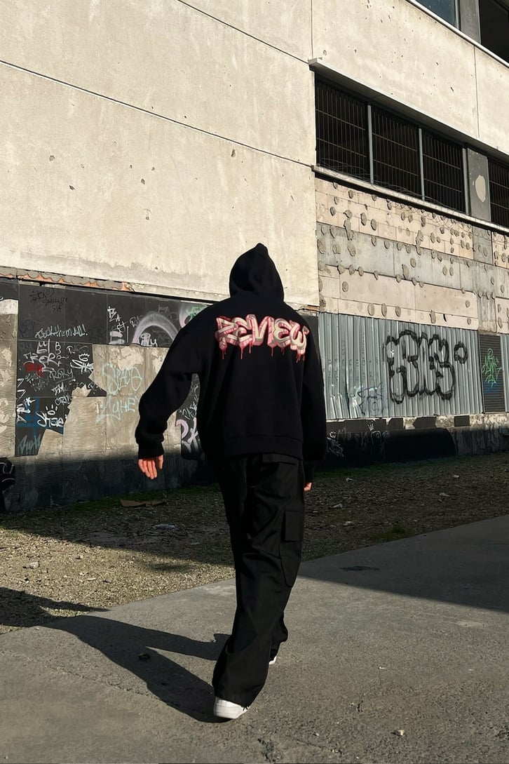 Rv'92 Baskılı Siyah Oversize Hoodie