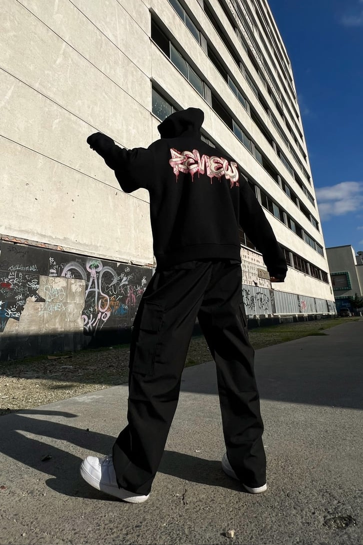 Rv'92 Baskılı Siyah Oversize Hoodie