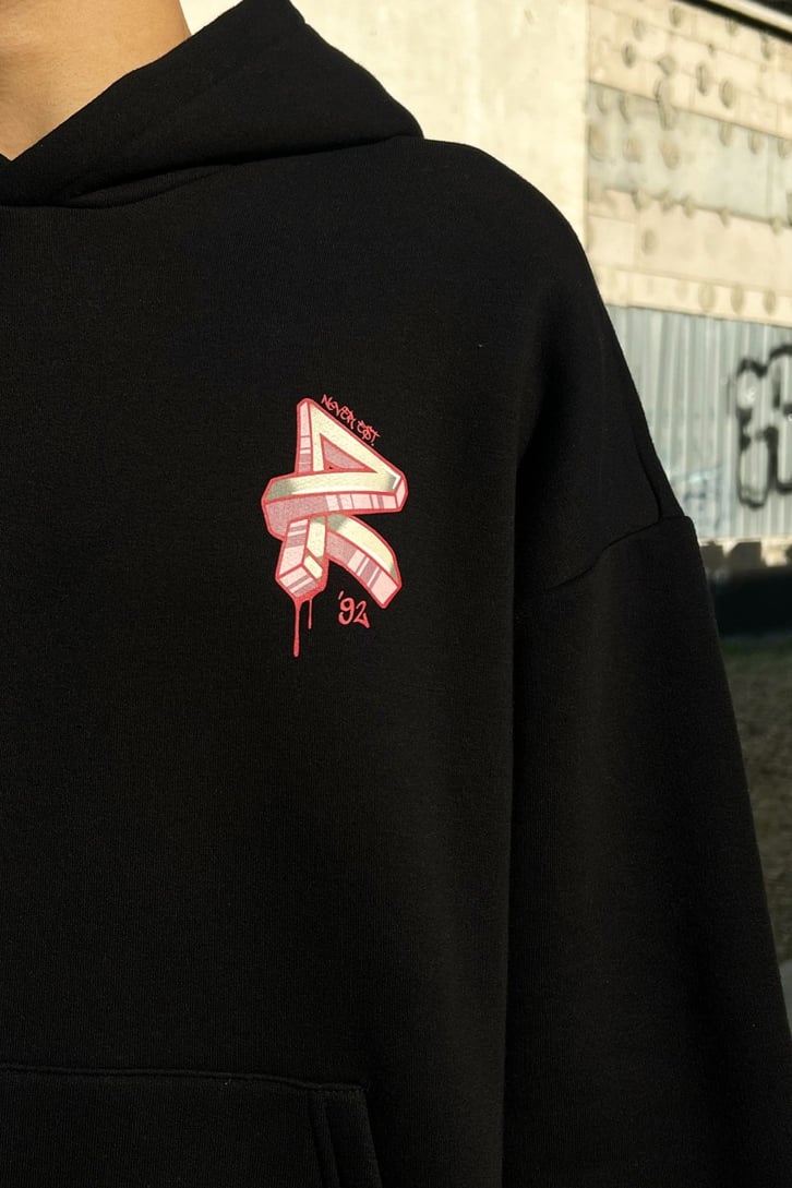 Rv'92 Baskılı Siyah Oversize Hoodie