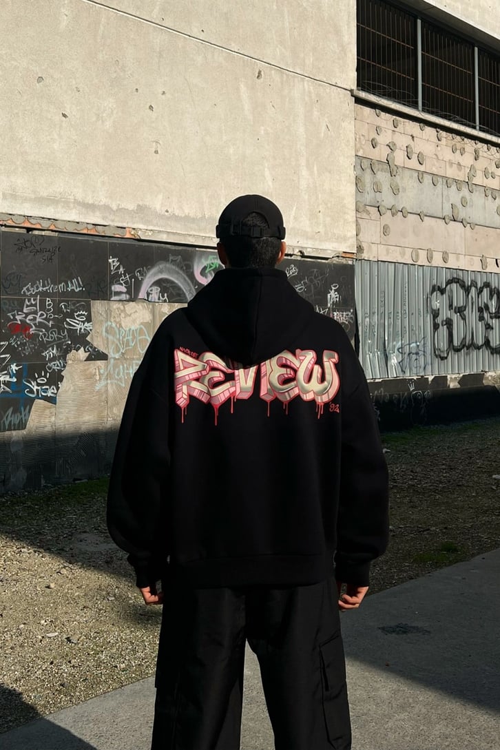 Rv'92 Baskılı Siyah Oversize Hoodie