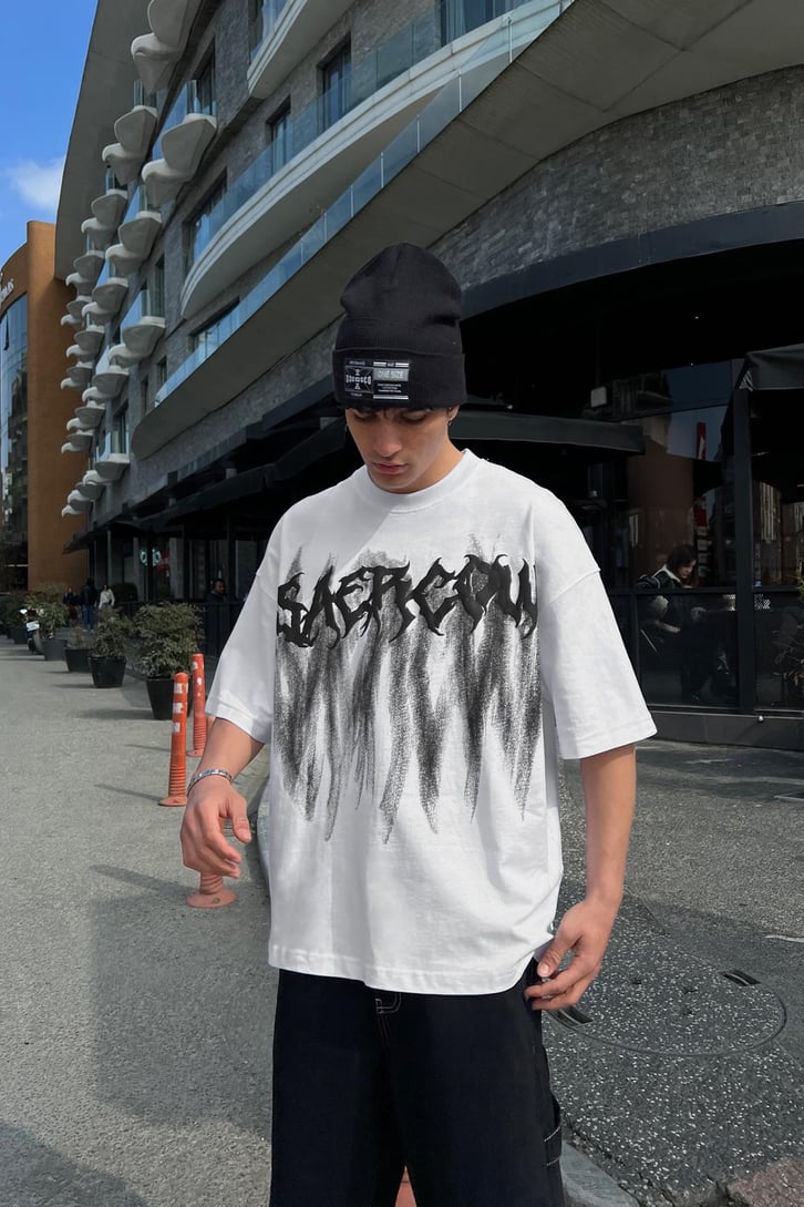 Saercow Baskılı Beyaz Oversize Tişört