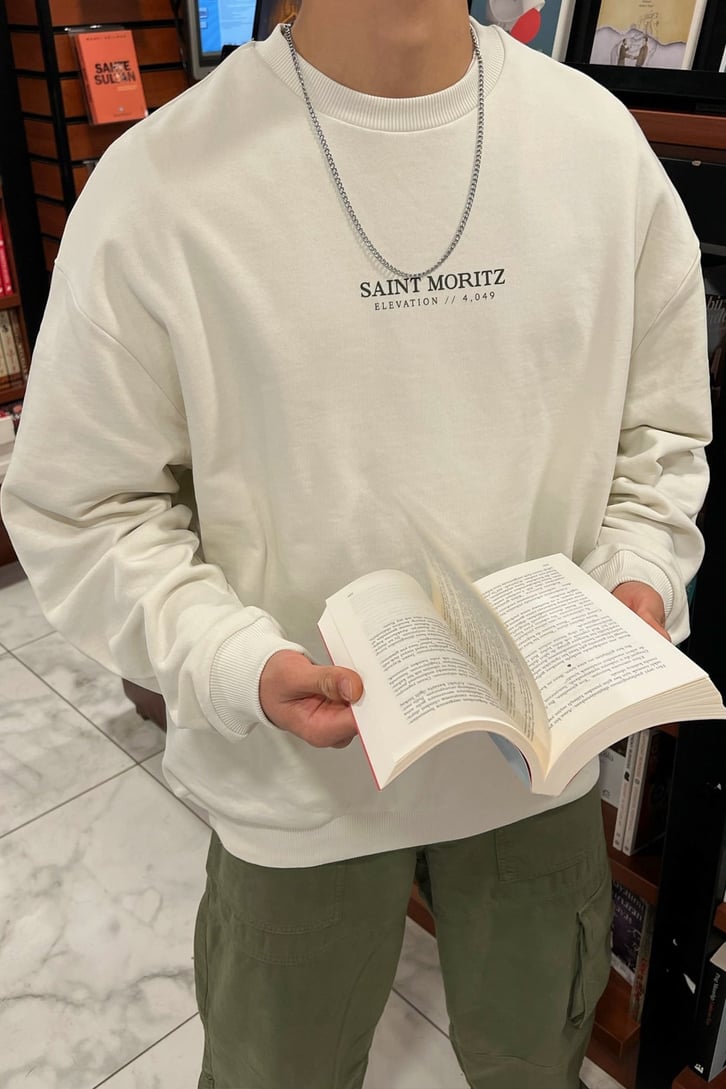 Saint Moritz Basklı Taş Rengi Oversize Sweatshirt