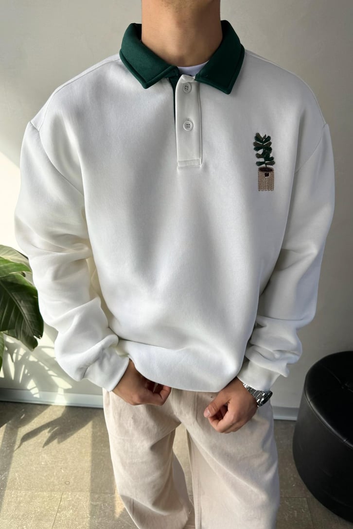 Saksı Nakışlı Polo Yaka Sweatshirt