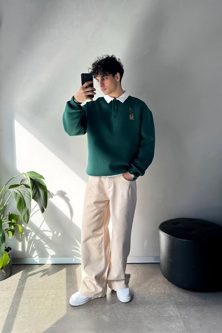 Saksı Nakışlı Polo Yaka Sweatshirt