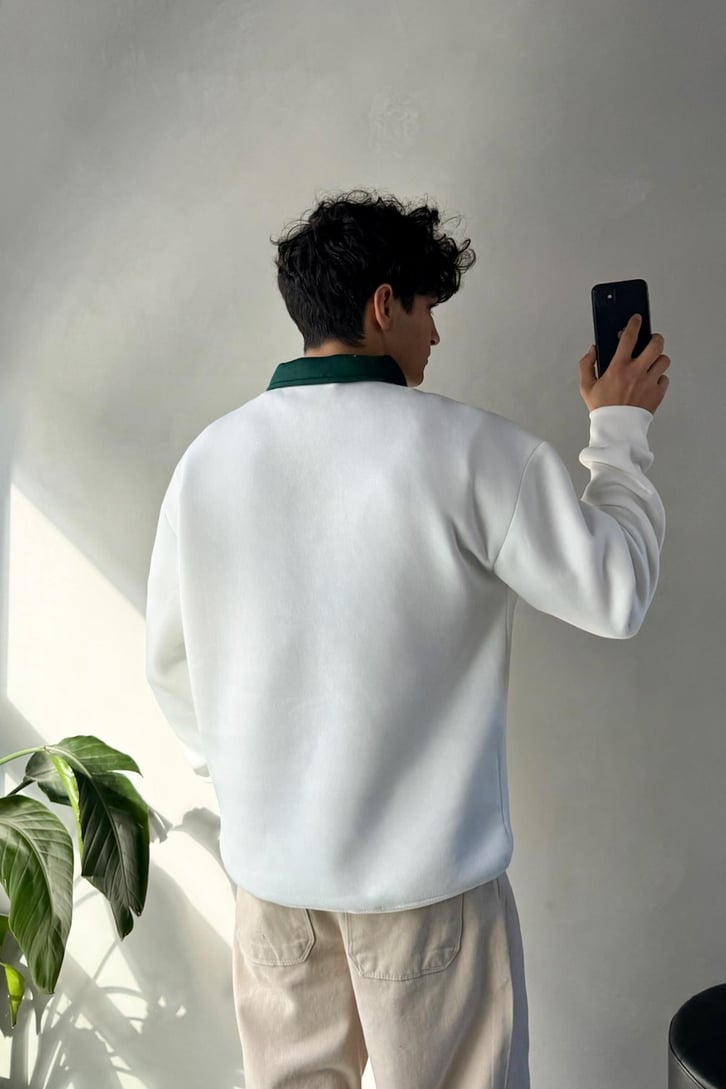 Saksı Nakışlı Polo Yaka Sweatshirt