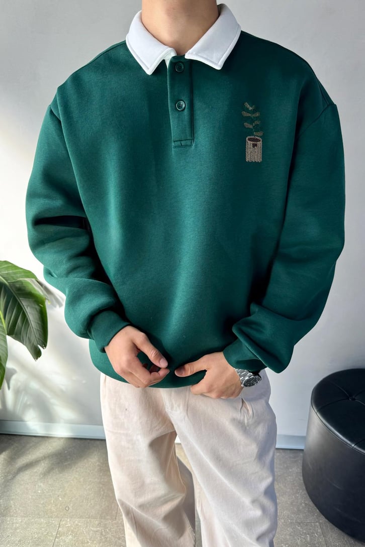 Saksı Nakışlı Polo Yaka Sweatshirt