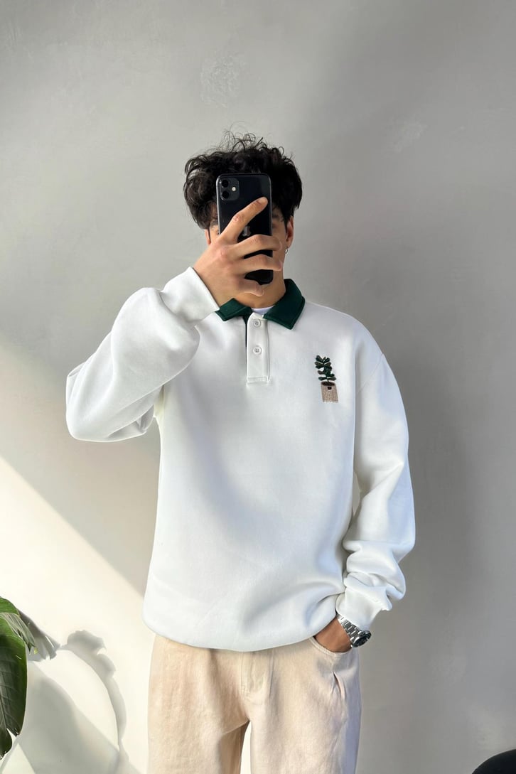 Saksı Nakışlı Polo Yaka Sweatshirt