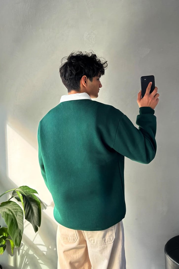 Saksı Nakışlı Polo Yaka Sweatshirt
