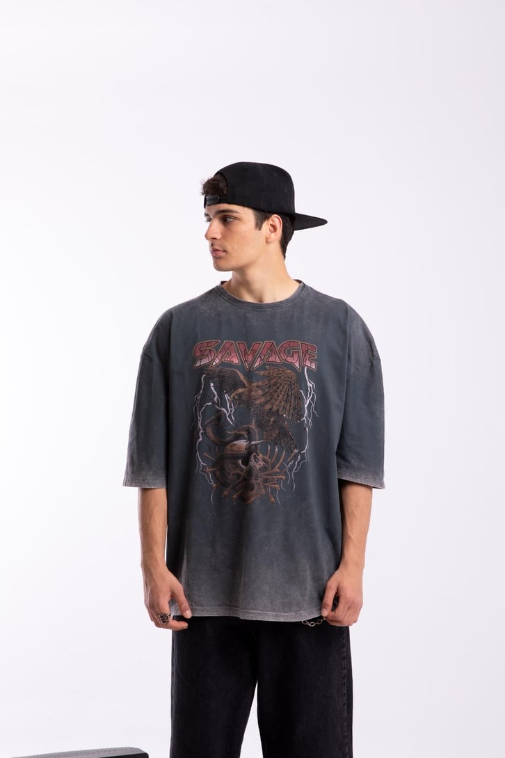 Savage Baskılı Acid Wash Oversize Tshirt