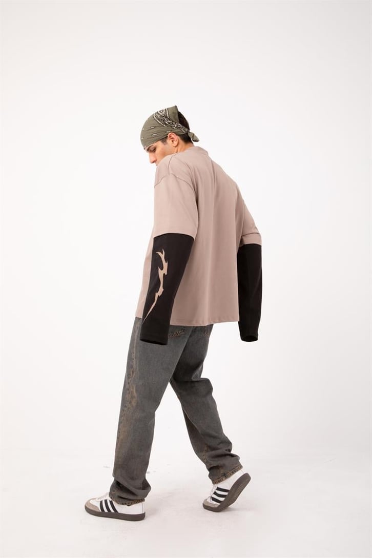 Savage Baskılı Sütlü Kahve Oversize Long Sleeve Tişört