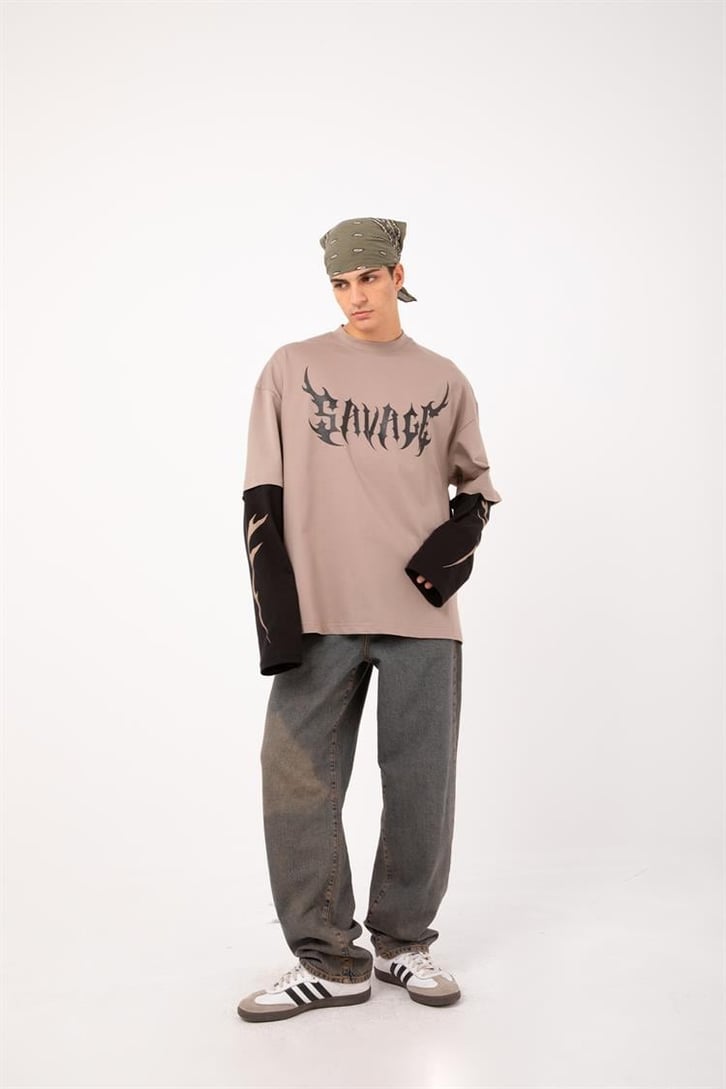 Savage Baskılı Sütlü Kahve Oversize Long Sleeve Tişört