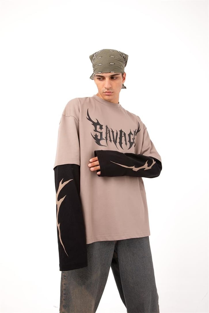 Savage Baskılı Sütlü Kahve Oversize Long Sleeve Tişört