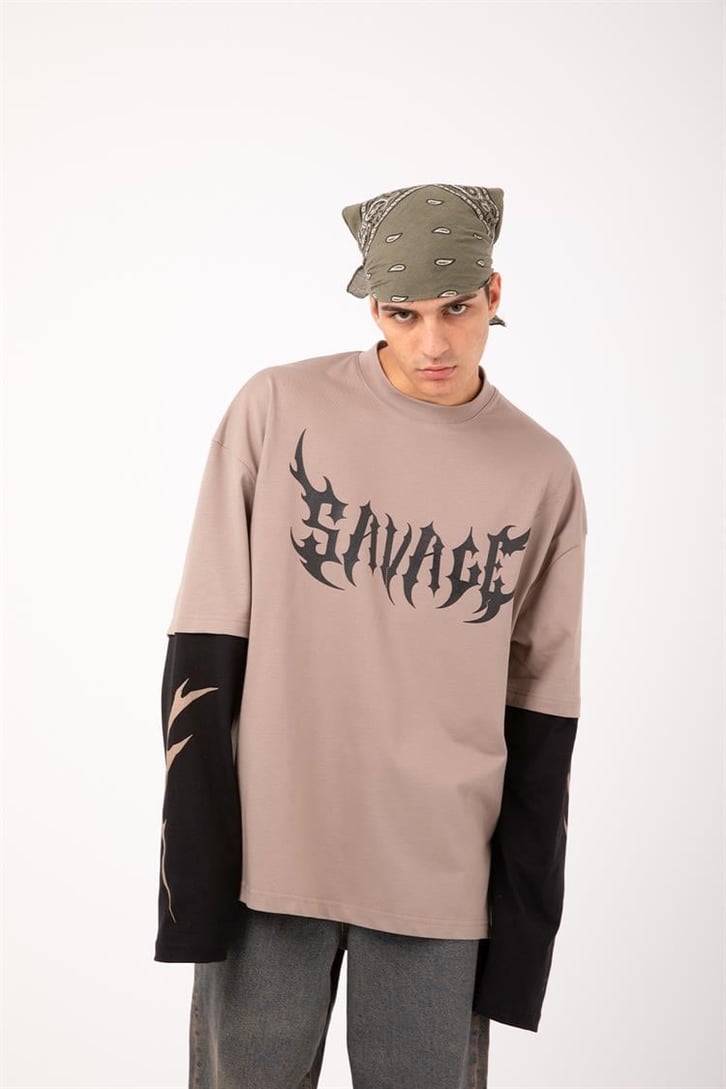 Savage Baskılı Sütlü Kahve Oversize Long Sleeve Tişört