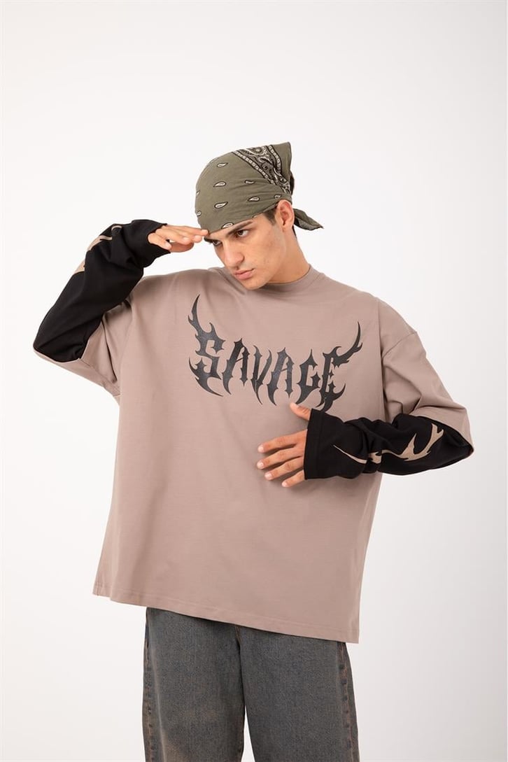 Savage Baskılı Sütlü Kahve Oversize Long Sleeve Tişört