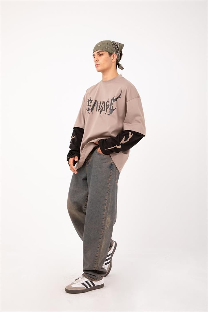 Savage Baskılı Sütlü Kahve Oversize Long Sleeve Tişört