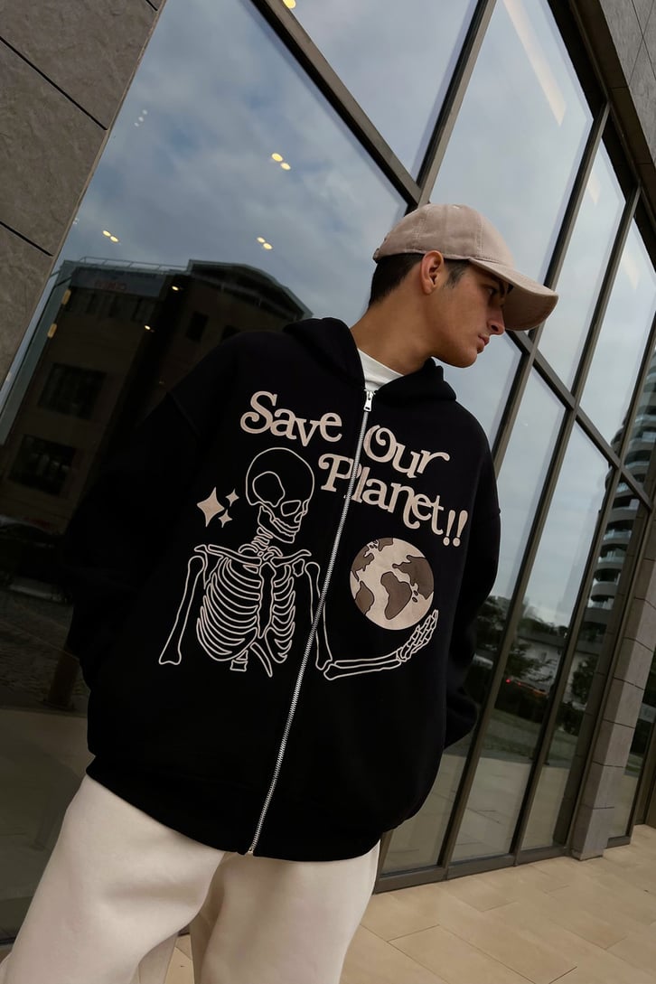 Save Planet Baskılı Siyah Zipper Hoodie