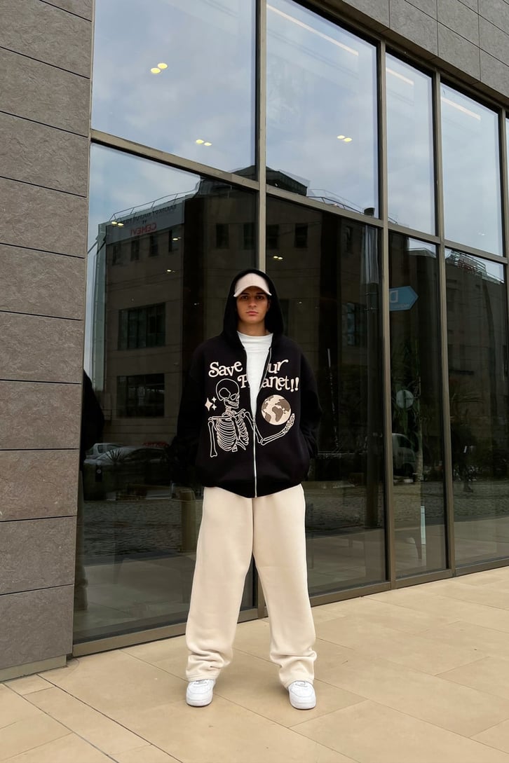Save Planet Baskılı Siyah Zipper Hoodie