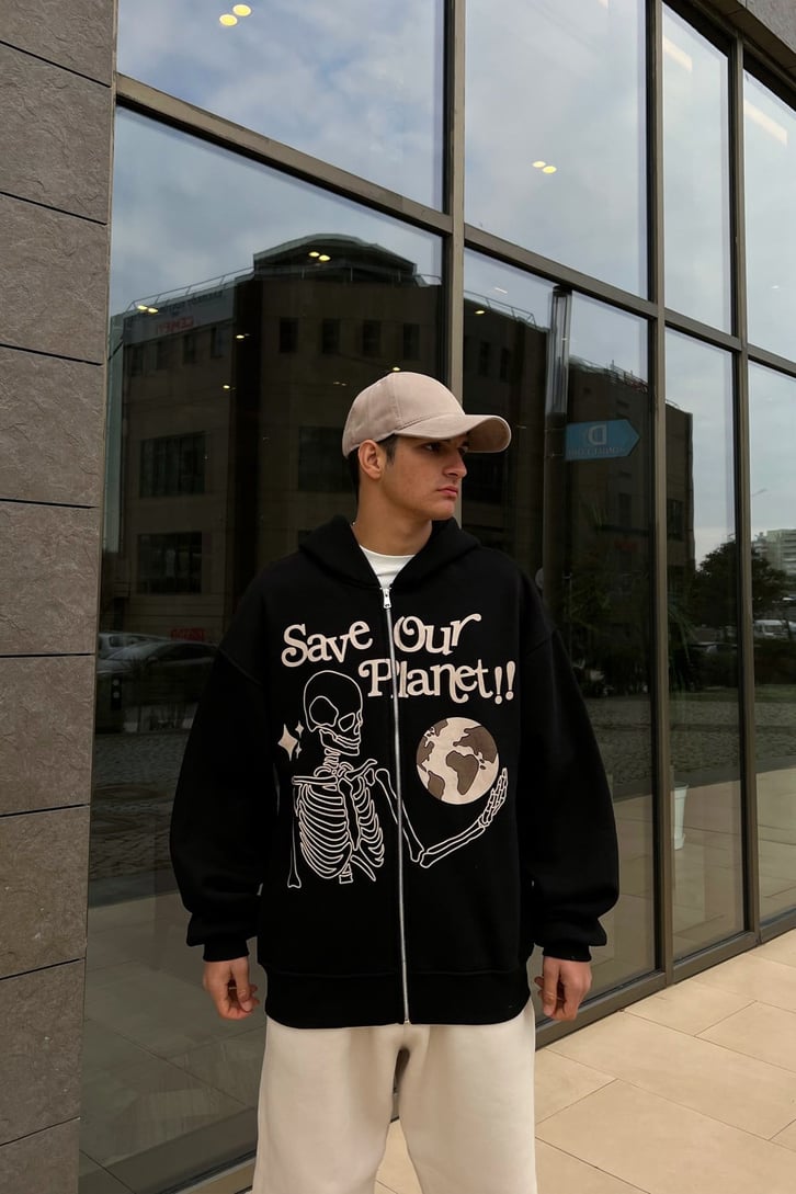 Save Planet Baskılı Siyah Zipper Hoodie