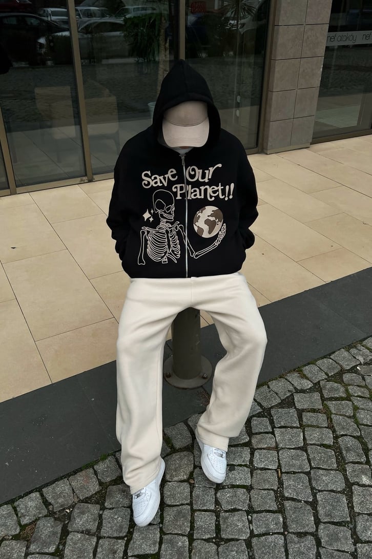 Save Planet Baskılı Siyah Zipper Hoodie
