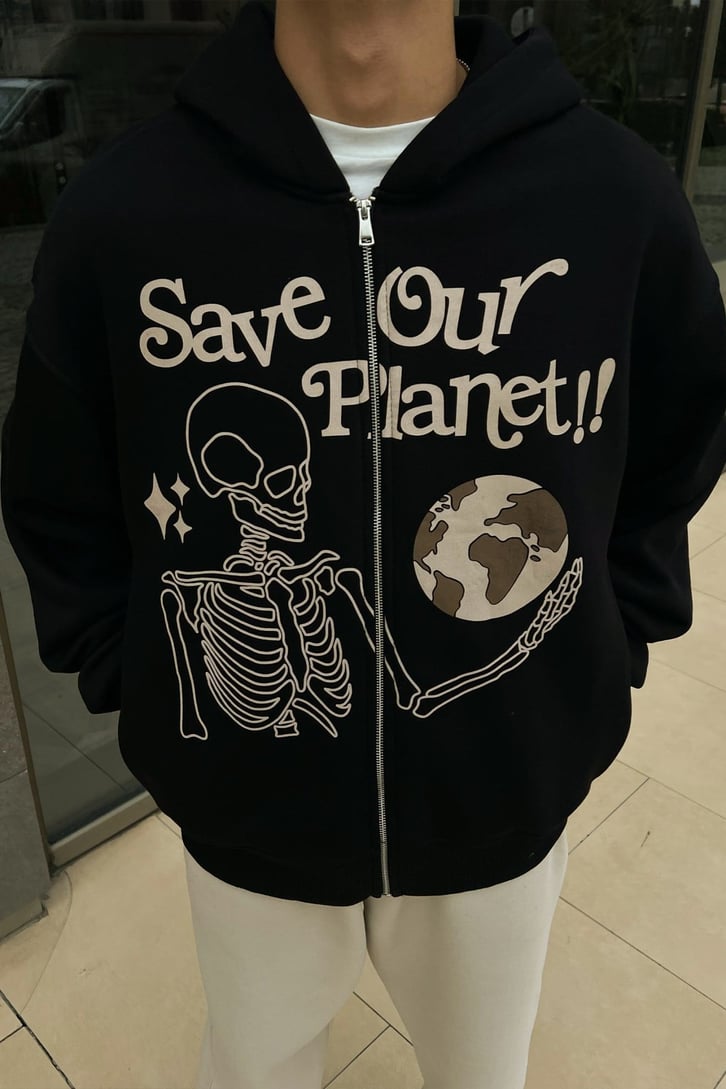 Save Planet Baskılı Siyah Zipper Hoodie