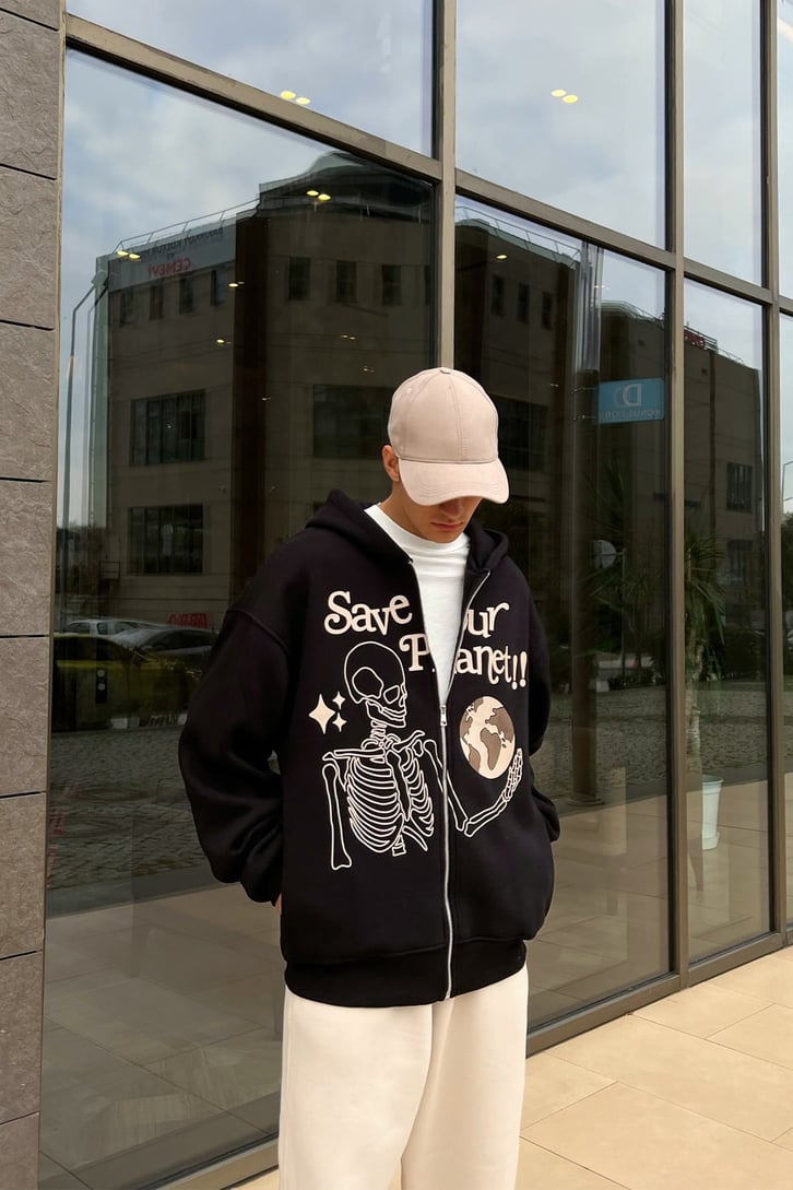Save Planet Baskılı Zipper Hoodie
