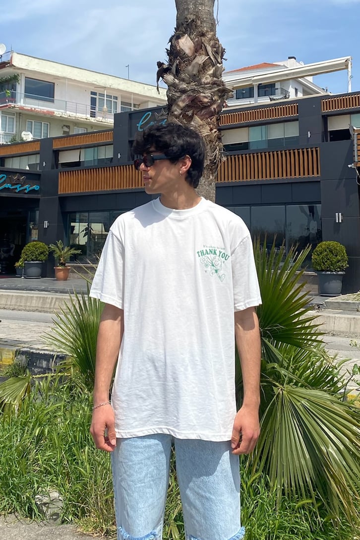 Say Thank You Baskılı Beyaz Oversize Tshirt