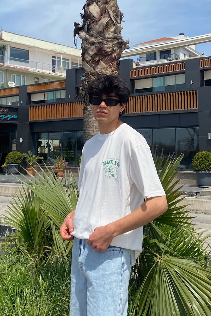 Say Thank You Baskılı Beyaz Oversize Tshirt
