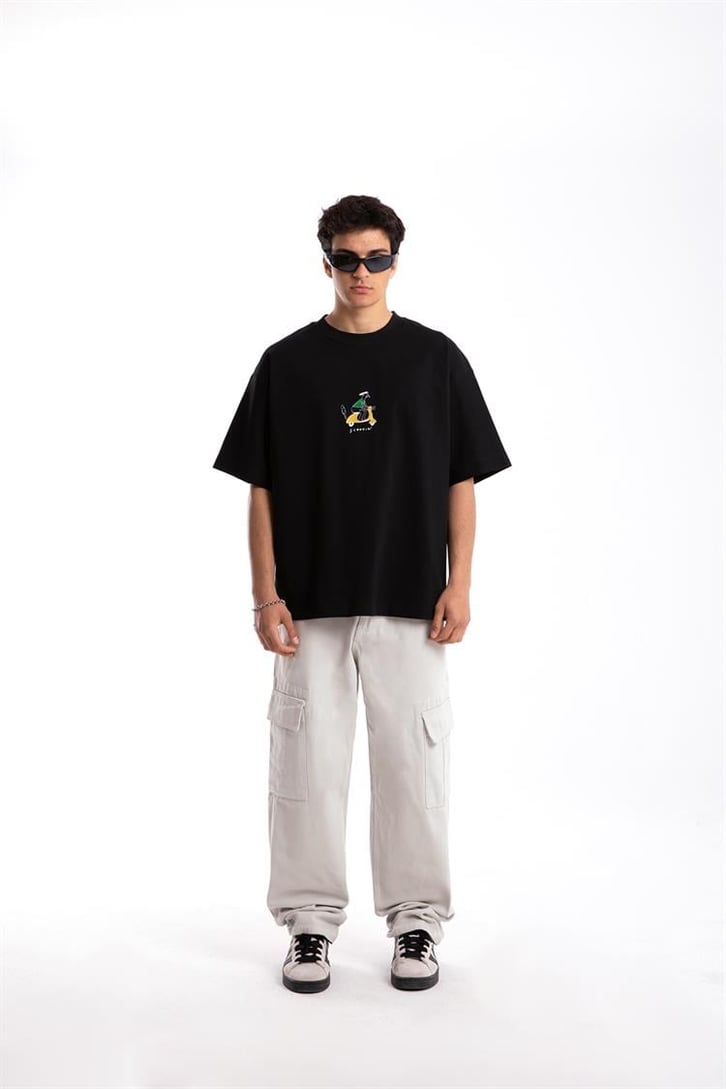Scootin' Nakışlı Siyah Oversize Tshirt