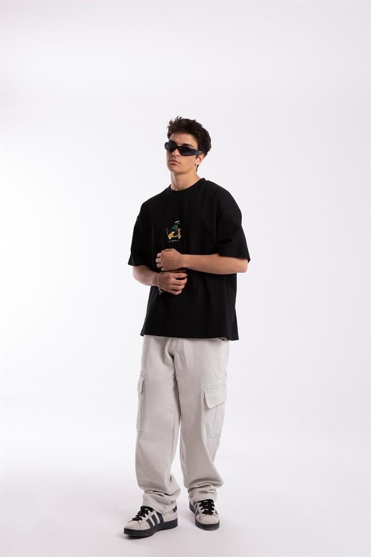 Scootin' Nakışlı Siyah Oversize Tshirt