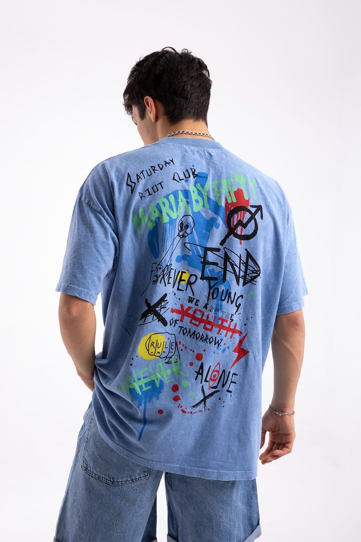 Scribble Sırt Baskılı Mavi Oversize Tshirt