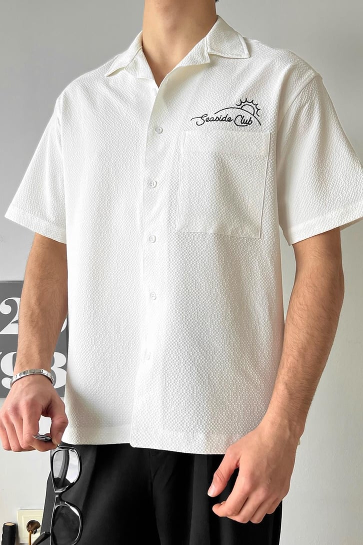 Seaside Nakışlı Bej Boxy Fit Gömlek
