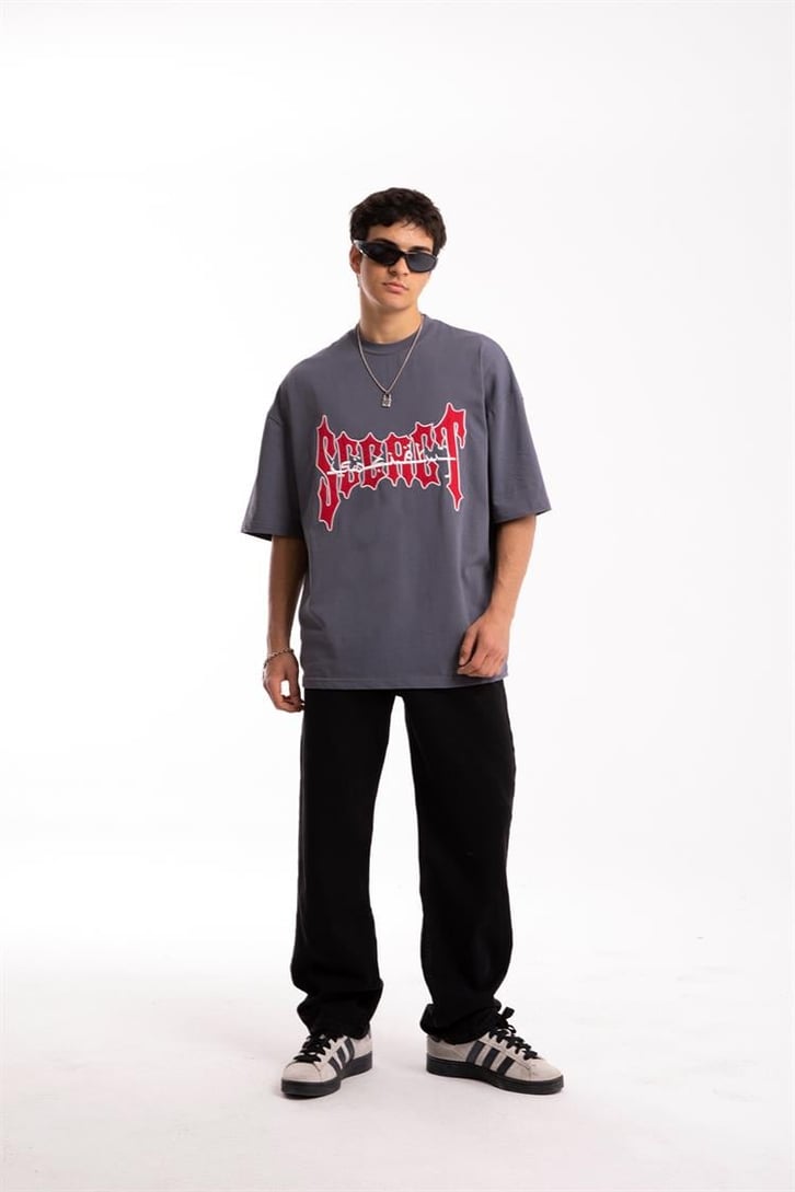 Secret Arabic Nakışl Füme Oversize Tshirt