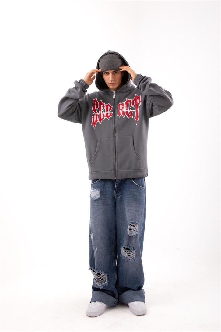 Secret Nakışlı Drips Füme Zip Hoodie