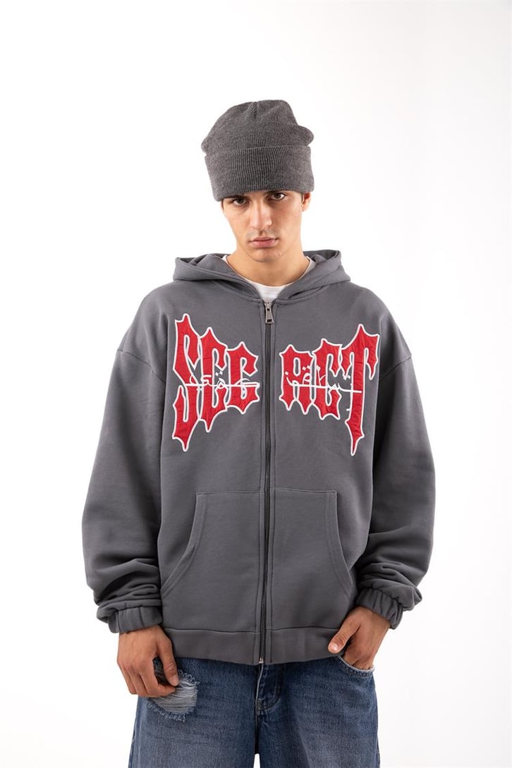 Secret Nakışlı Drips Füme Zip Hoodie