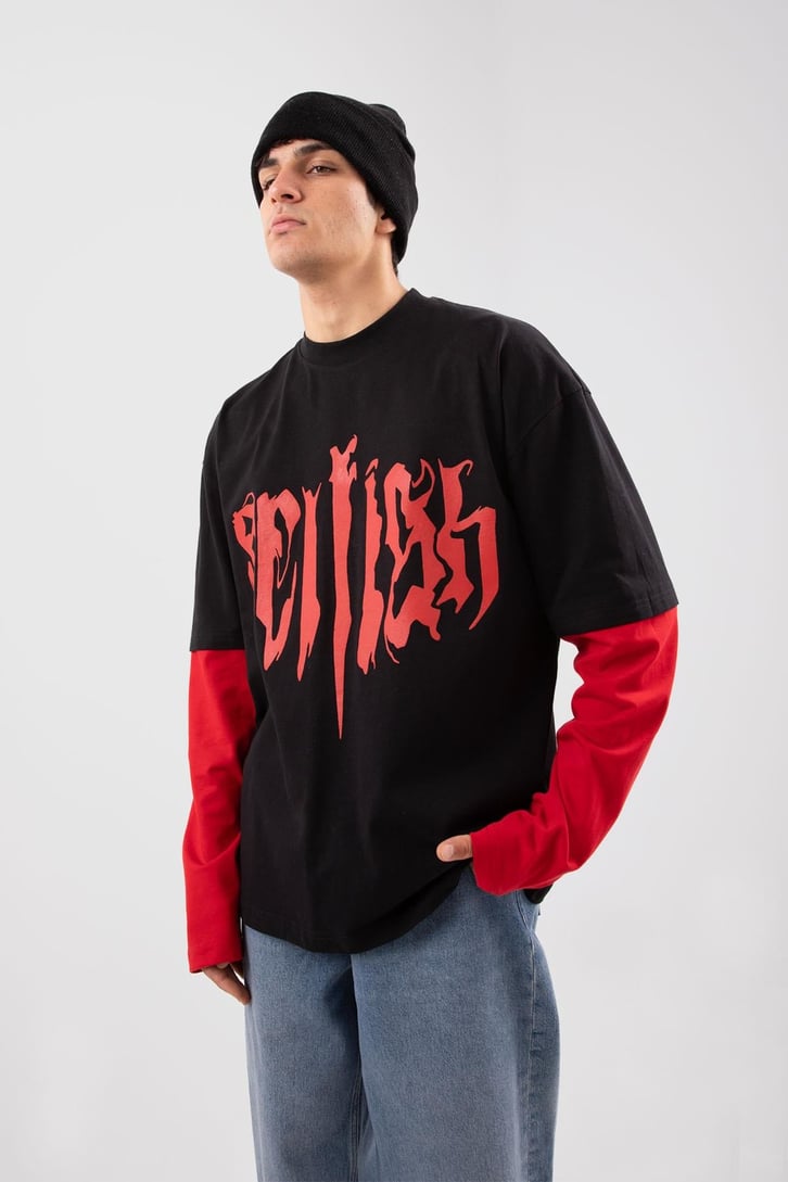 Selfigh Baskılı Siyah Oversize Long Sleeve Tişört