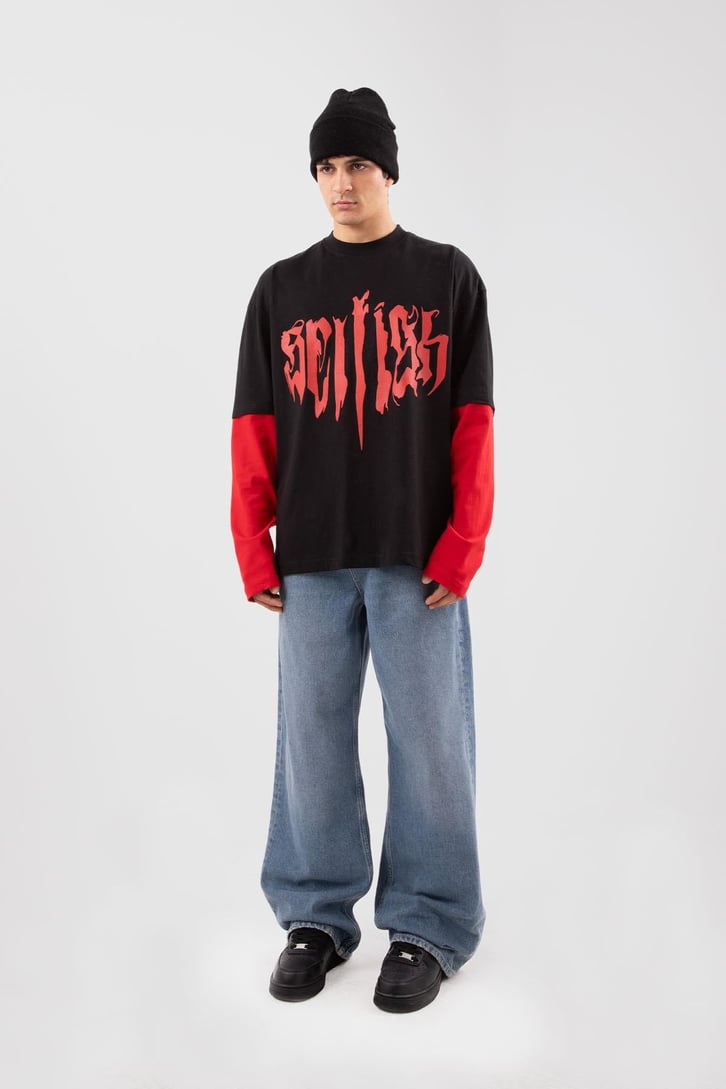 Selfigh Baskılı Siyah Oversize Long Sleeve Tişört