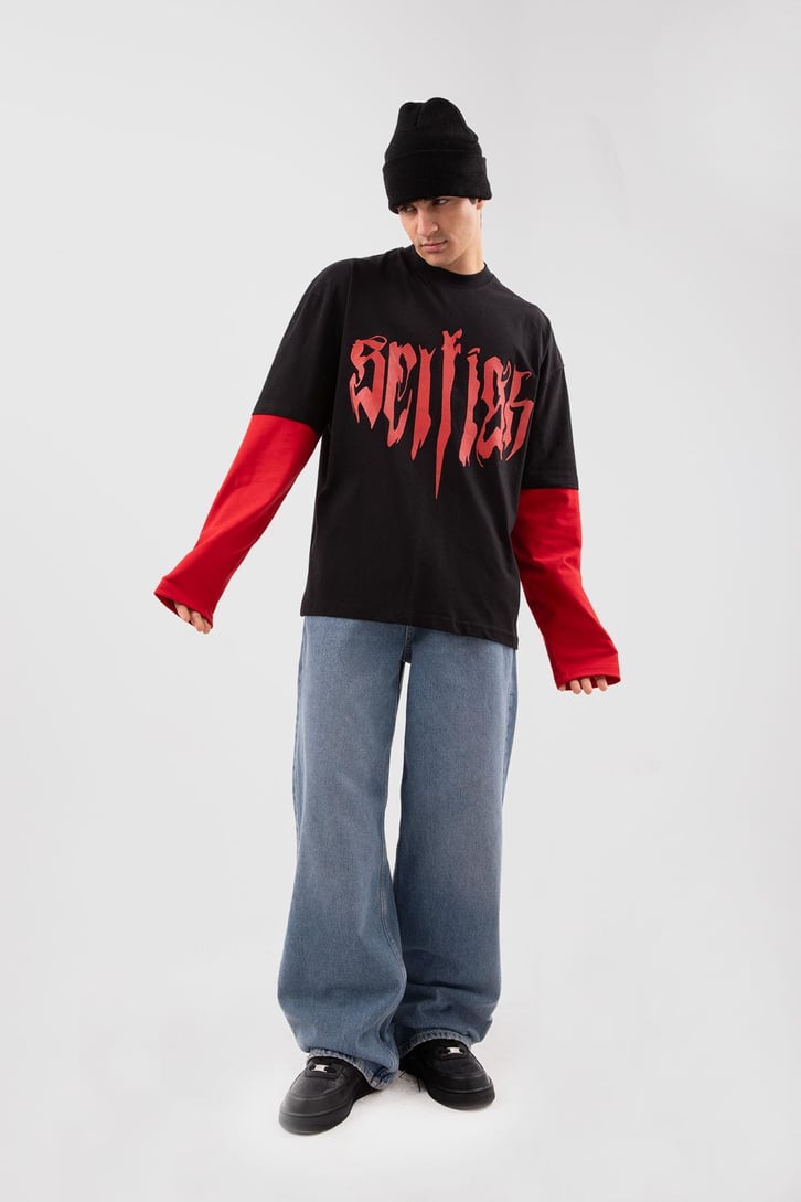 Selfigh Baskılı Siyah Oversize Long Sleeve Tişört