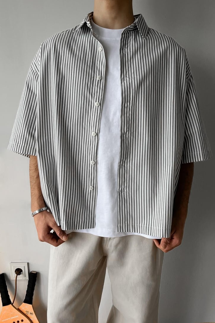 Şeritli Kısa Kollu Oversize Gömlek