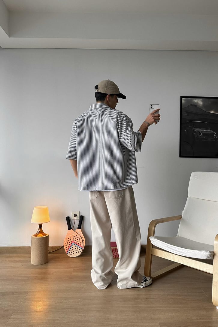 Şeritli Kısa Kollu Oversize Gömlek