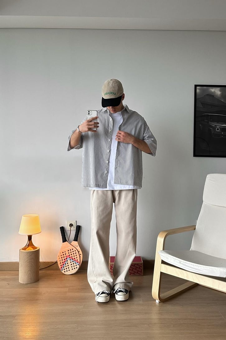 Şeritli Kısa Kollu Oversize Gömlek