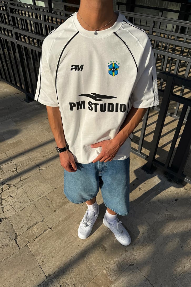 Şeritli Pm Studio Baskılı Tişört
