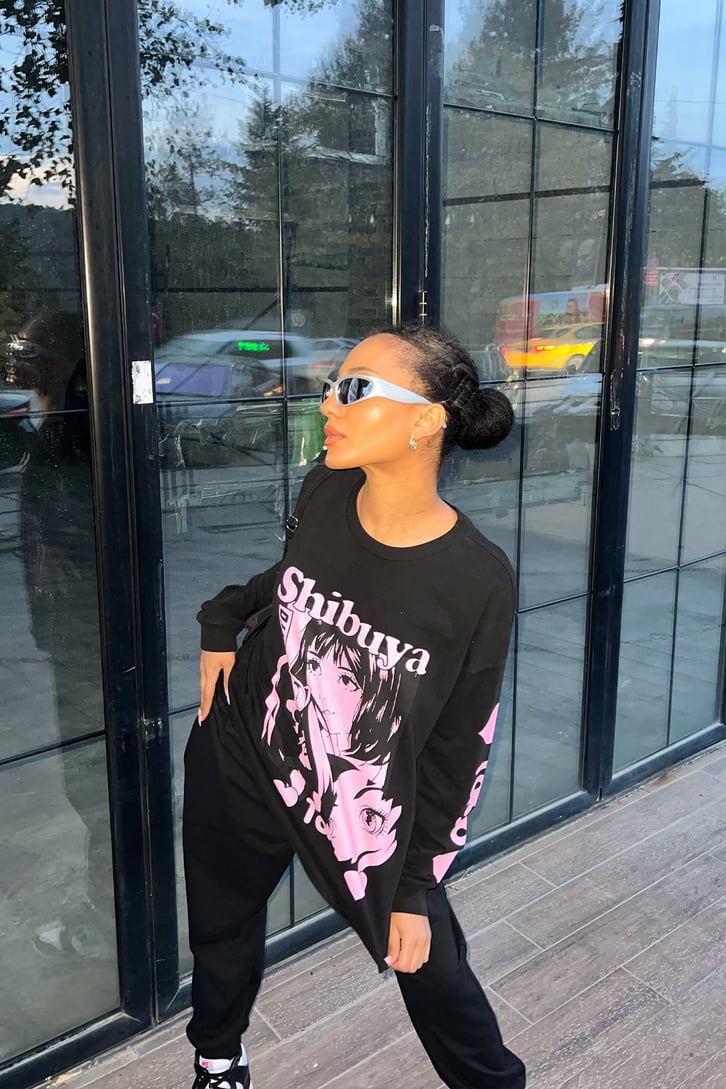 Shibuya Tokyo Baskılı Siyah Sweatshirt