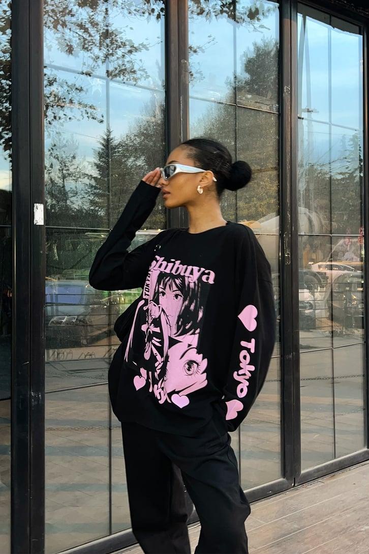 Shibuya Tokyo Baskılı Siyah Sweatshirt