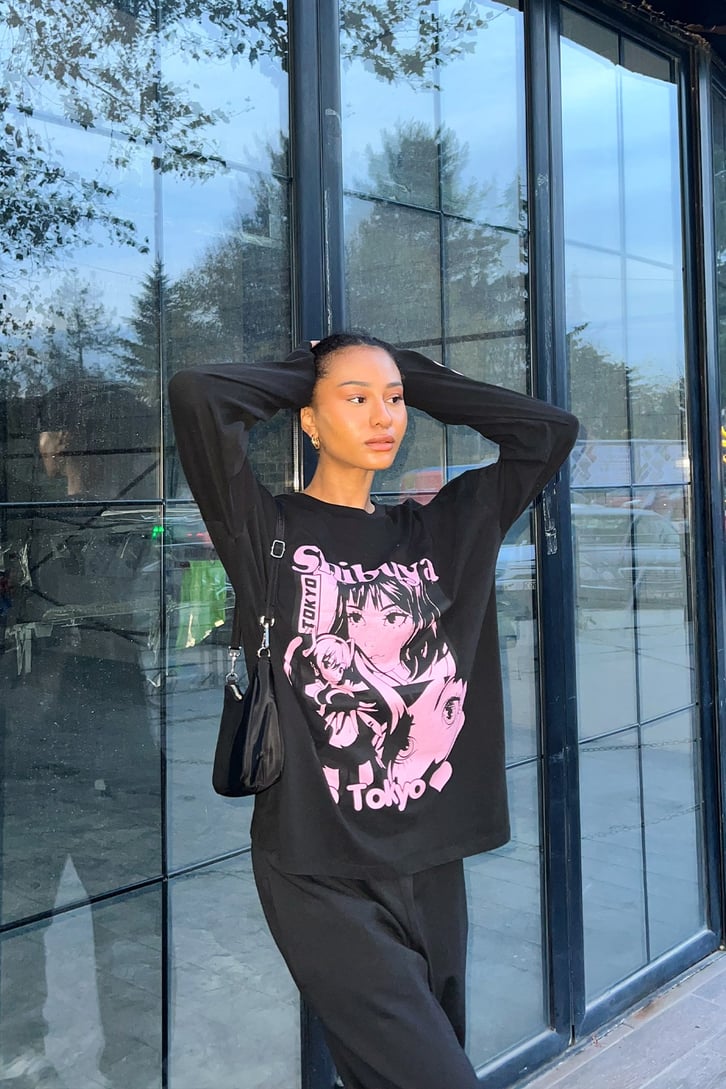Shibuya Tokyo Baskılı Siyah Sweatshirt