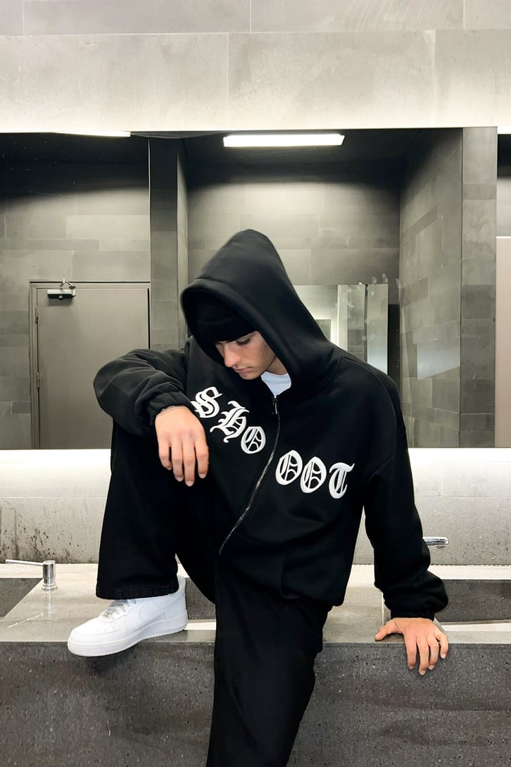 Shooot Nakışlı Zipper Siyah Hoodie
